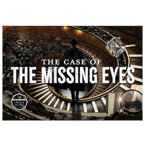 May include: A book cover with the title "The Case of the Missing Eyes" in large white letters. A silhouetted figure stands on a spiral staircase, with a cityscape and a large diamond in the background. A magnifying glass is in the foreground.