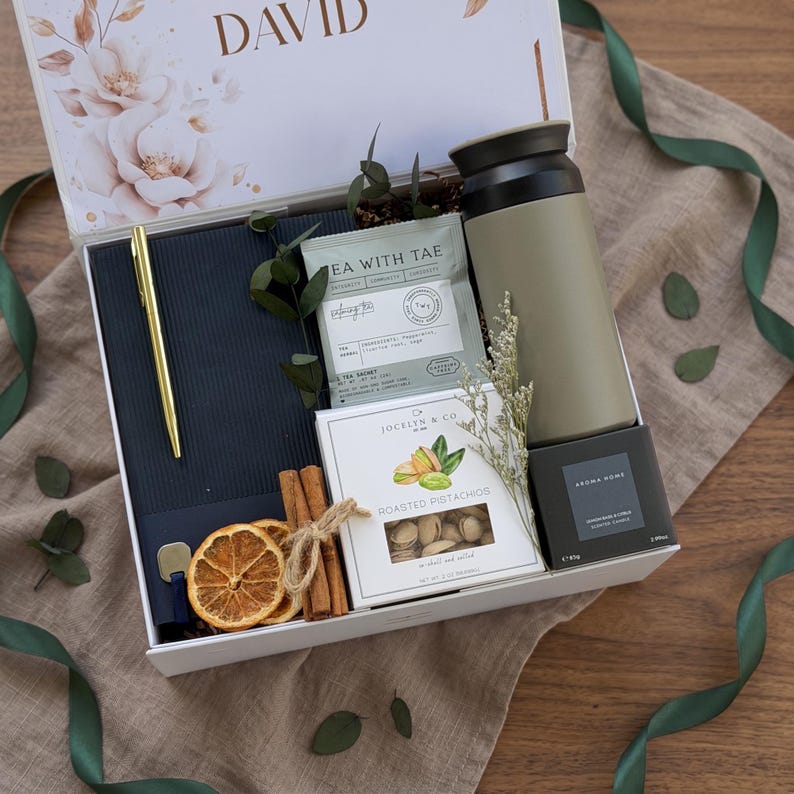 Personalized gift box for men with engraved name, gold pen, herbal tea, dried orange and candle — appreciation gift for dad or coworker