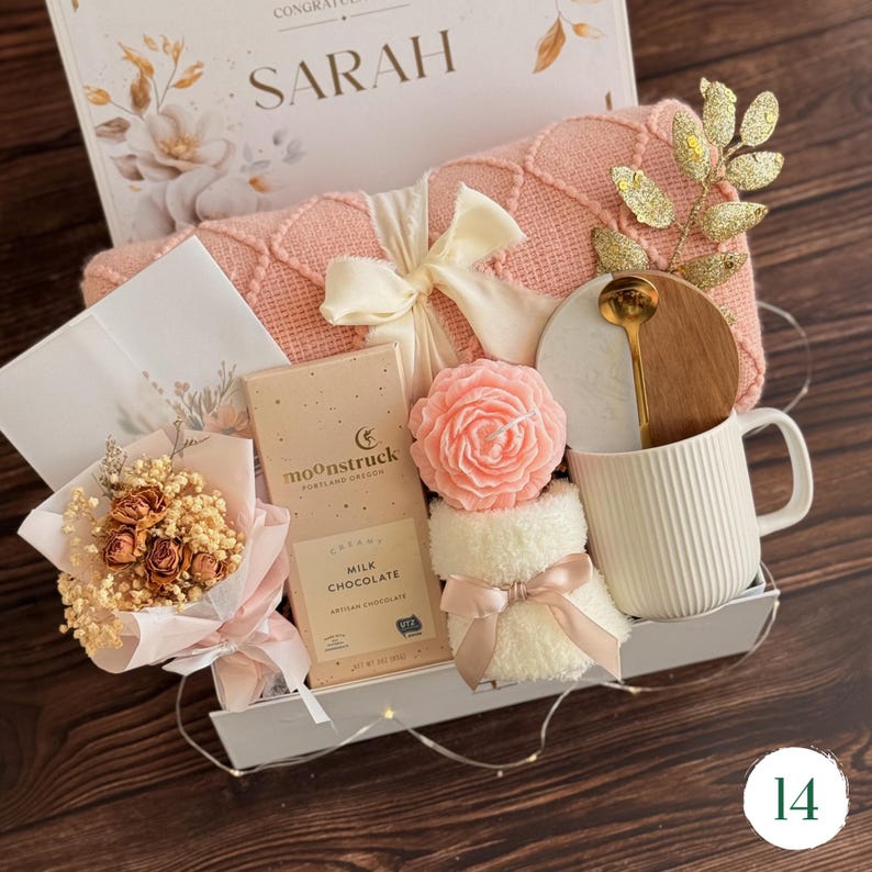 Personalized romantic gift box with custom name, peach dried flower 
bouquet, ceramic mug, and pink bow — cute gift for her birthday