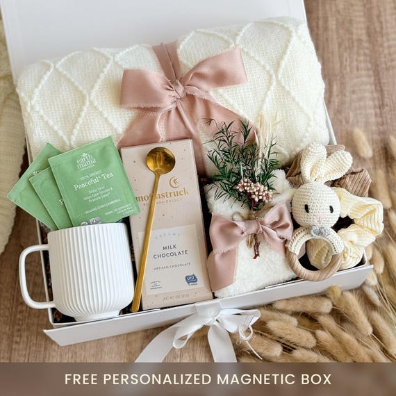 New Mom Gift Box: Knit Blanket, Crochet Rattle, Gourmet Chocolate