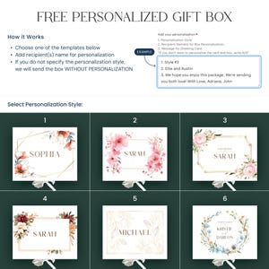 May include: Image of a free personalized gift box with six template options. Each template features a name, floral design, and gold accents. Instructions on how to personalize the box are also included.