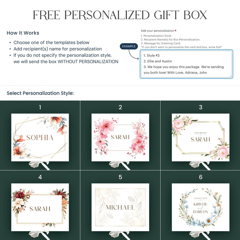 May include: Image of a free personalized gift box with six template options. Each template features a name, floral design, and gold accents. Instructions on how to personalize the box are also included.