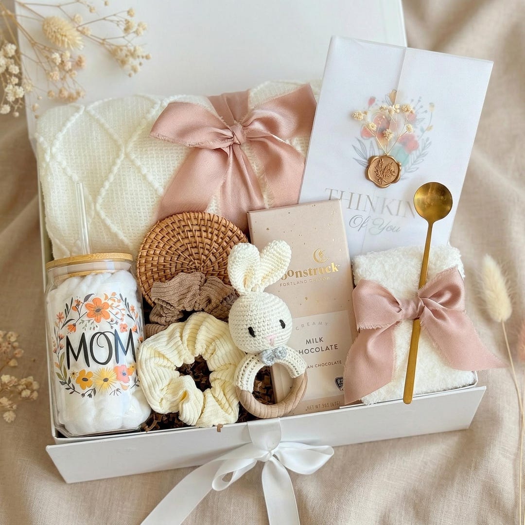New Mom Gift Box: Knit Blanket, Crochet Rattle & Personalized Box