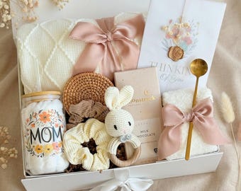 New Mom Gift Box: Knit Blanket, Crochet Rattle & Personalized Box