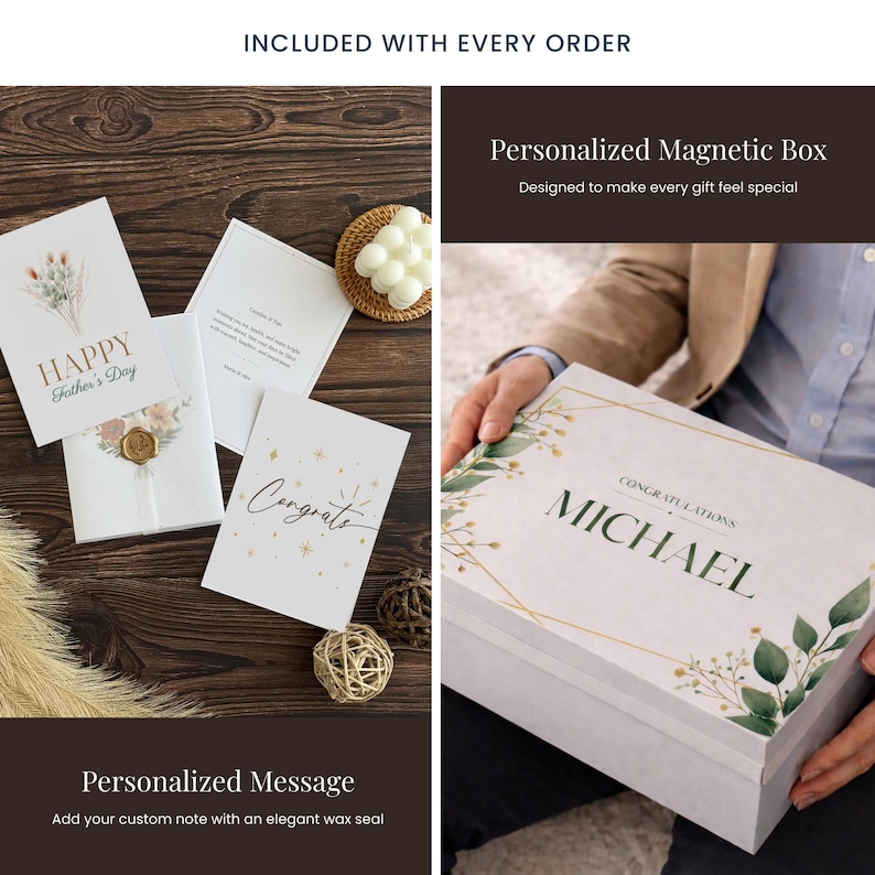 May include: A gift set featuring a personalized magnetic box with the name "MICHAEL" and floral accents. The set includes greeting cards with the phrases "HAPPY Father's Day" and "Congrate", along with a personalized message option.