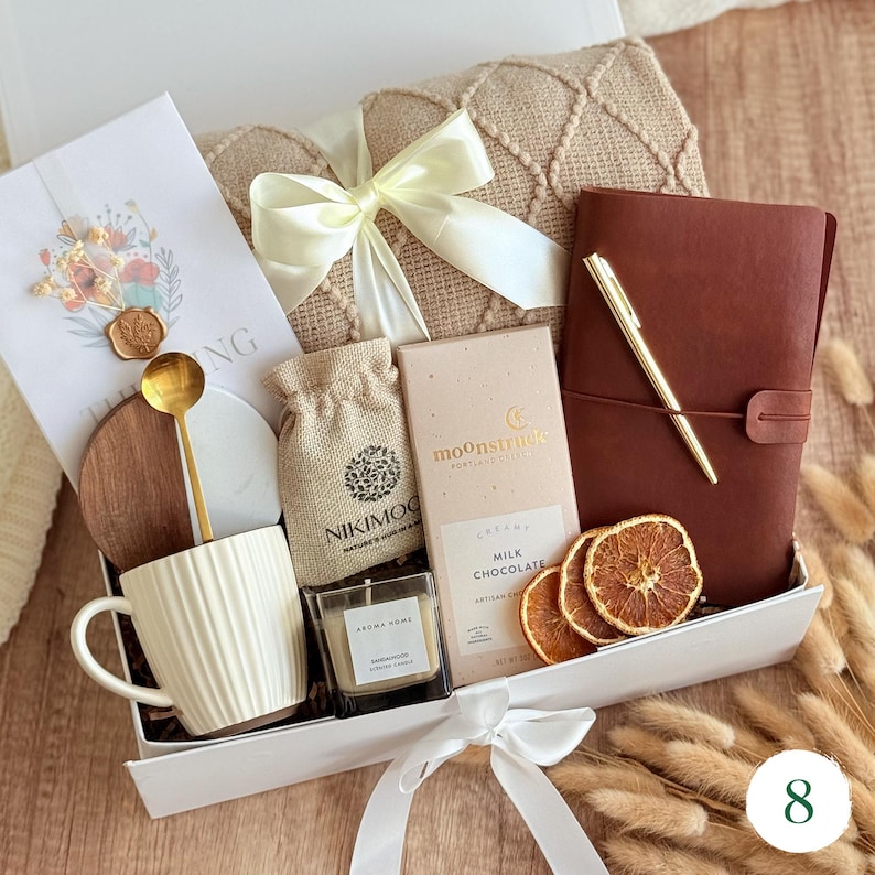 Soft mens gift basket with leather journal, ceramic mug, candle and dried orange — thoughtful gift for him or grief care package