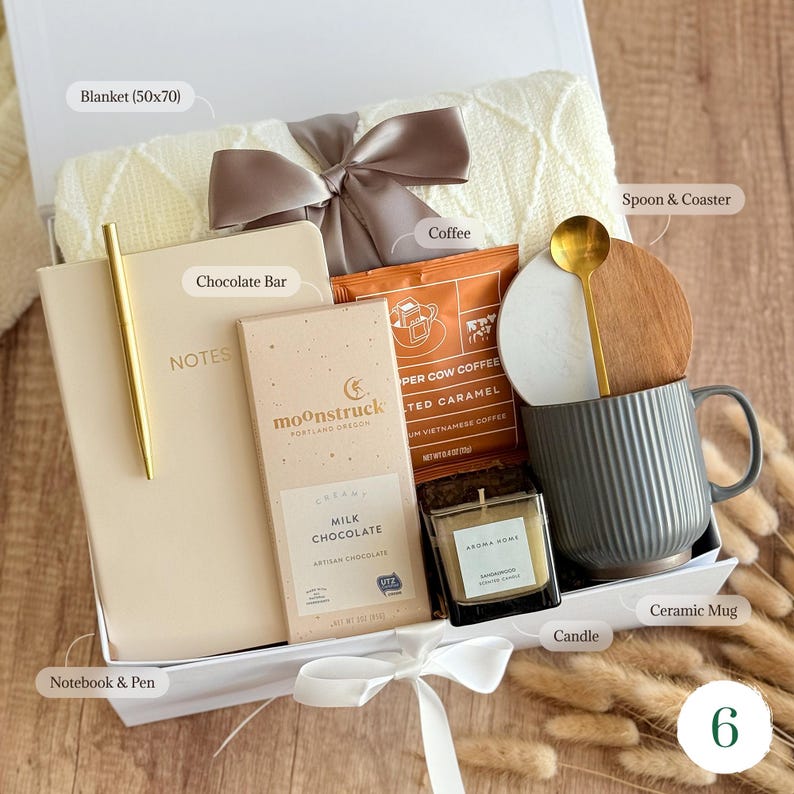 Premium gift basket for men with soft blanket, ceramic mug, chocolate bar, coffee and candle — fathers day gift or retirement gift box