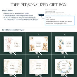 Pu&ograve; includere: Immagine di un cofanetto regalo personalizzato gratuito con sei opzioni di design. Ogni design presenta il nome "EMMA e JAMES". I design includono orsacchiotti, palloncini ed elementi floreali. Sono incluse anche le istruzioni per la personalizzazione.