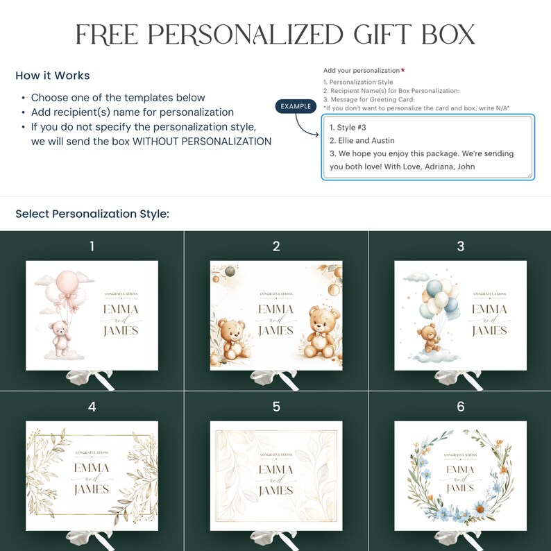Pu&ograve; includere: Immagine di un cofanetto regalo personalizzato gratuito con sei opzioni di design. Ogni design presenta il nome "EMMA e JAMES". I design includono orsacchiotti, palloncini ed elementi floreali. Sono incluse anche le istruzioni per la personalizzazione.