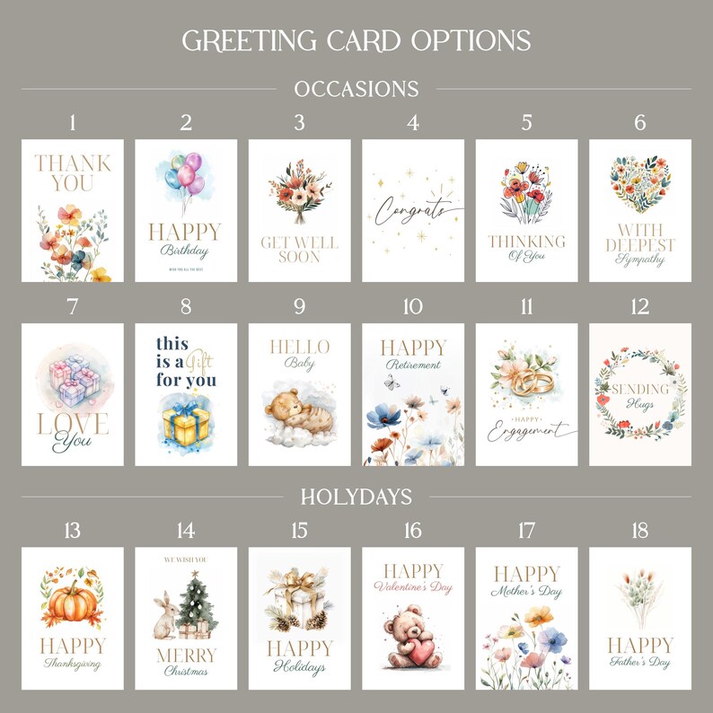 May include: A collection of eighteen greeting cards arranged in a grid, labeled by occasions and holidays. Each card features unique watercolor illustrations and text, including phrases like Thank You, Happy Birthday, Get Well Soon, and Happy Holidays.