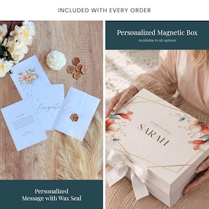 Every order includes a personalized magnetic gift box with custom name 
and wax seal message card — premium presentation for the romantic gift