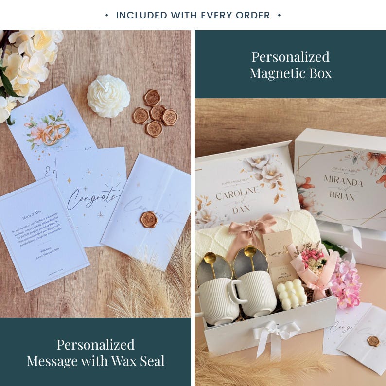 May include: A gift set with a personalized magnetic box, mugs, and a bouquet. The set includes cards with floral designs and wax seals. The text on the cards reads "Congrats" and personalized names.