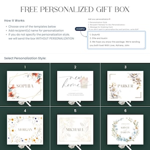 May include: Image showcasing a free personalized gift box service. The image displays six design templates with names like Sophia, Parker, and Michael. Instructions are provided for personalization, including style selection and recipient names. The text also includes an example of how to personalize the gift box.