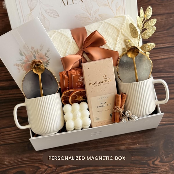Caja de regalo acogedora, regalo reconfortante, pensando en ti, cesta de regalo navideña con manta, juego de té y taza.