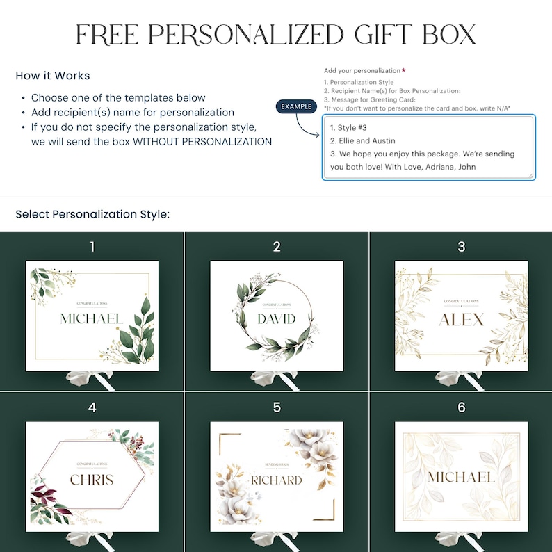 Six free personalization styles to customize gift box for him with any name or initials