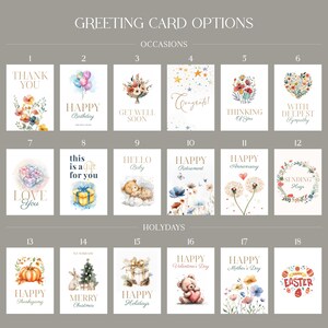 May include: A grid of 18 greeting cards with watercolour illustrations. The cards are organised by occasion and holiday. The cards feature images of flowers, balloons, stars, hearts, pumpkins, Christmas trees, and more.