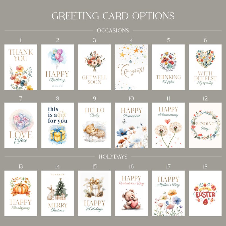 May include: A grid of 18 greeting cards with watercolour illustrations. The cards are organised by occasion and holiday. The cards feature images of flowers, balloons, stars, hearts, pumpkins, Christmas trees, and more.