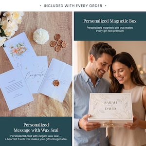 May include: A personalized gift set featuring a white box with the names "Sarah and David" and floral accents. The set includes cards with wax seals, a white floral candle, and wax seals. The image also shows a couple holding the box.