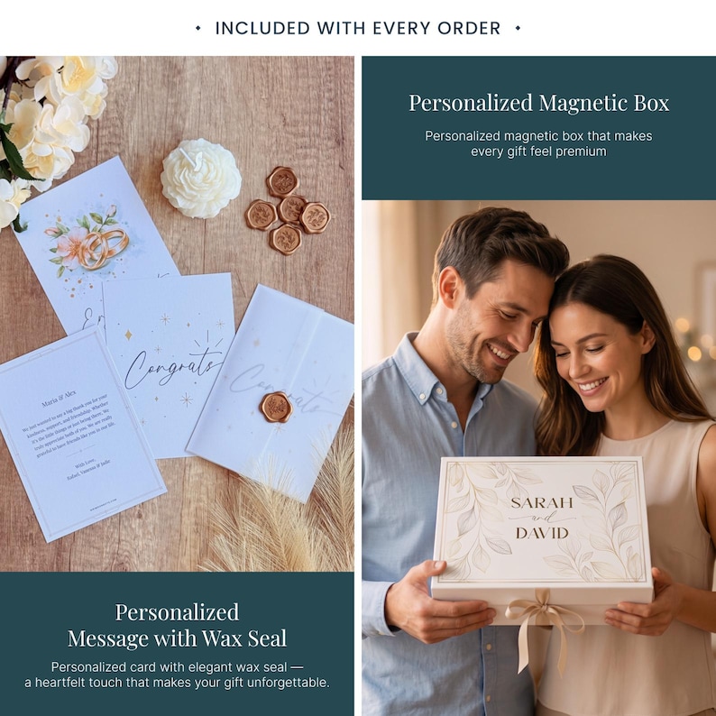 May include: A personalized gift set featuring a white box with the names "Sarah and David" and floral accents. The set includes cards with wax seals, a white floral candle, and wax seals. The image also shows a couple holding the box.