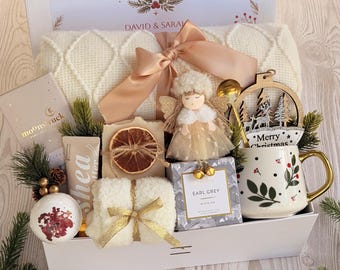 Caja de regalo de autocuidado para mujeres, cesta de regalo con manta acogedora, abrazo en una caja, cesta de regalo de Navidad para ella, regalo para demostrarle tu cariño, caja Hygge de invierno