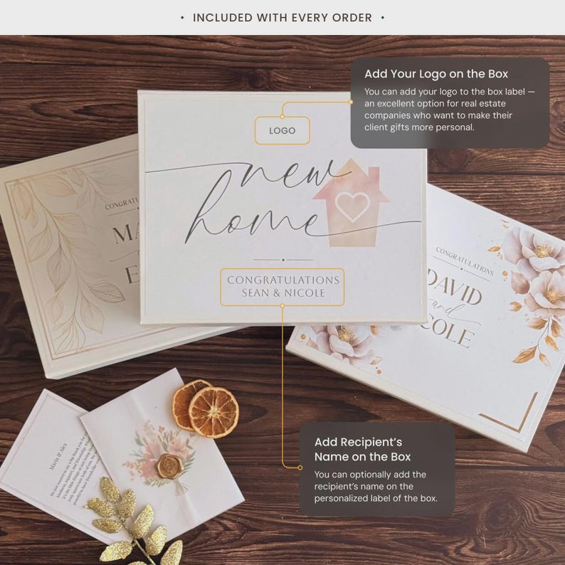 May include: Three white rectangular gift boxes with floral and house graphics, featuring text that reads new home, congratulations, and Sean & Nicole. The boxes include customizable areas for a logo and recipient names, accompanied by dried orange slices.