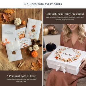 May include: A white magnetic gift box with a floral wreath and the name SARAH printed on the lid, tied with a white ribbon. The set includes stationery, cards with wax seals, and small decorative pumpkins arranged on a wooden surface.