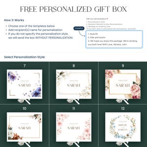 May include: Promotional image for a free personalized gift box. The image shows instructions and examples for customization, including recipient names and greeting card messages. Several design templates are displayed, each featuring floral arrangements and the name "SARAH" or "KRISTIE & DARION".