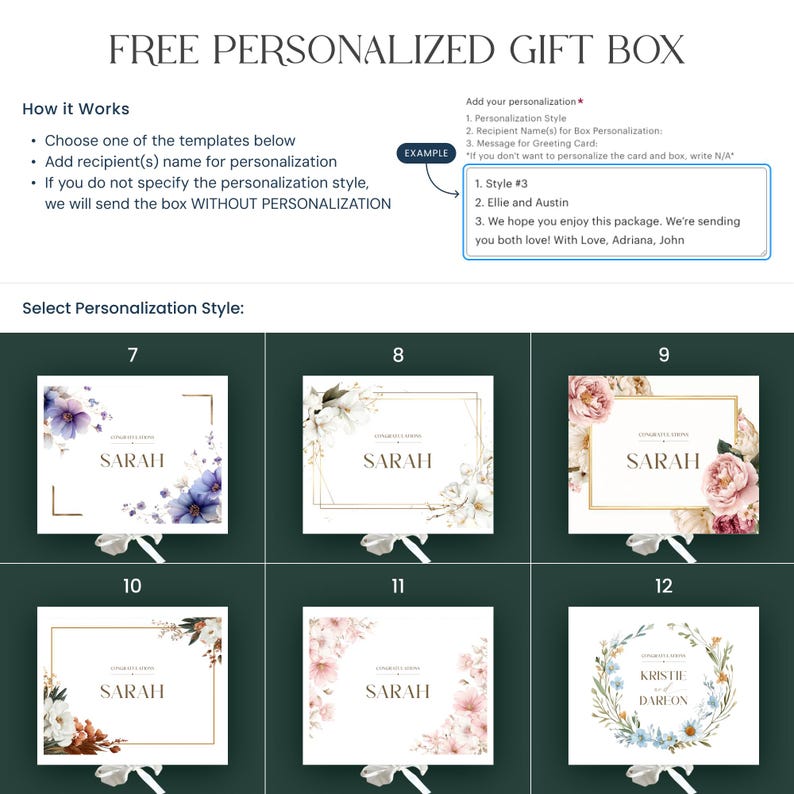 May include: Promotional image for a free personalized gift box. The image shows instructions and examples for customization, including recipient names and greeting card messages. Several design templates are displayed, each featuring floral arrangements and the name "SARAH" or "KRISTIE & DARION".