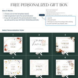 May include: Image of a personalized gift box with six template options. The text reads "FREE PERSONALIZED GIFT BOX." Instructions are provided for personalization, including recipient names and a greeting card message. Examples of styles are shown.