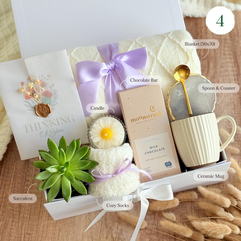 Hygge gift set with blanket, tea, cookies and spa items, cozy gift for friend, birthday, or recovery care package