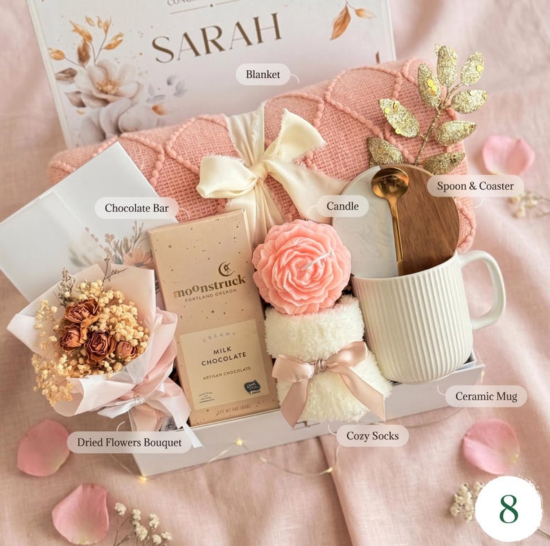 Personalized gift basket with custom name card, peach dried flower 
bouquet, chocolate bar, gourmet cookies, ceramic mug — birthday gift for her