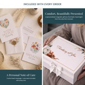May include: A white magnetic gift box with a white ribbon bow and the text Thinking of You, accompanied by sympathy cards featuring floral illustrations, wax seals, and printed messages including With Deepest Sympathy and Thinking of You.