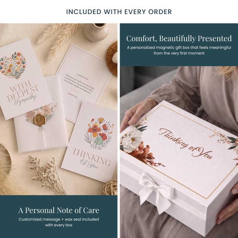 May include: A white magnetic gift box with a white ribbon bow and the text Thinking of You, accompanied by sympathy cards featuring floral illustrations, wax seals, and printed messages including With Deepest Sympathy and Thinking of You.
