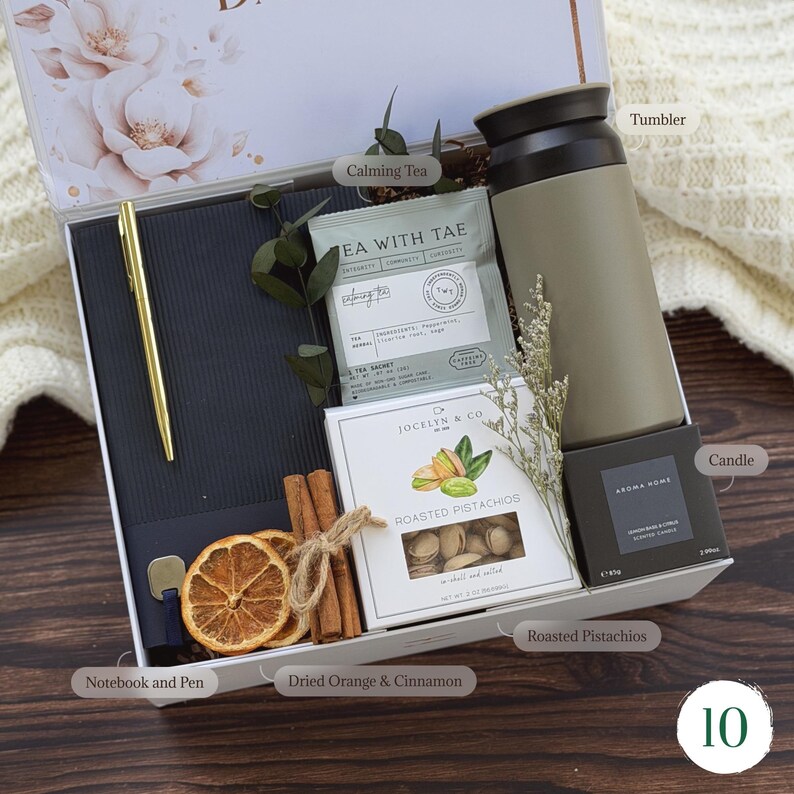 Calming tea gift box for him with roasted pistachios, insulated tumbler, notebook with gold pen and candle — gifts for coworkers