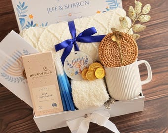 Happy Hannukah Gift Set: Knit Blanket, Mug & Cookie
