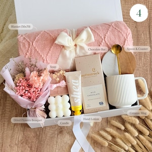 Romantic gift box for her with dried flower bouquet, artisan soap, hand 
lotion, candle, and ceramic mug — gift for women or friend