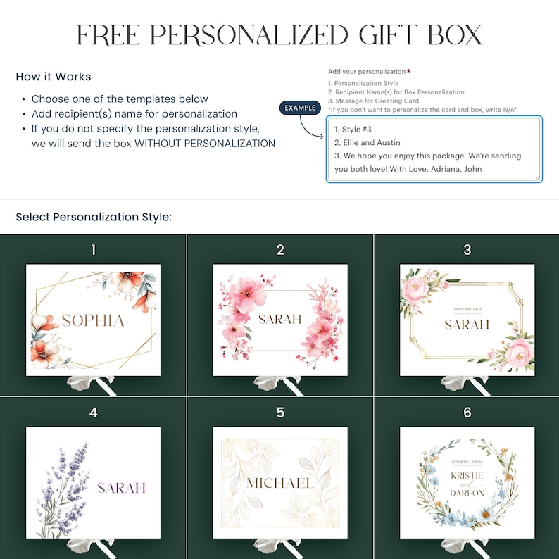 May include: Image of a personalized gift box with six design templates. Each template features a name, floral or botanical elements, and a gold geometric frame. Instructions for personalization are included.