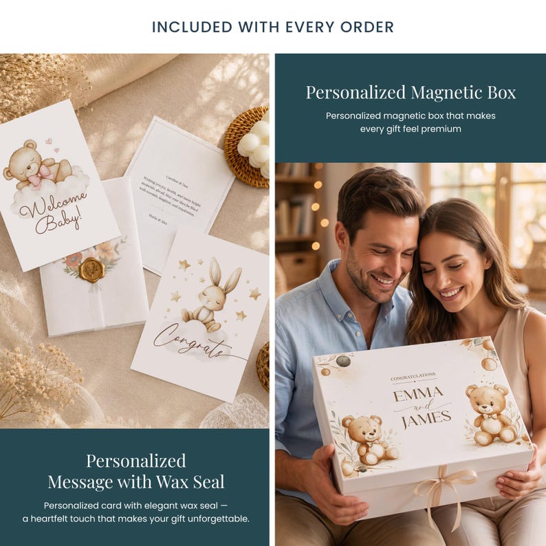 Pu&ograve; includere: Un set regalo con una scatola magnetica personalizzata con i nomi "Emma" e "James", illustrazioni di orsetti e un nastro. Il set include biglietti con un sigillo di cera, un biglietto "Welcome Baby!" e un biglietto "Congrats".