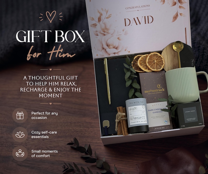 Gift box for him designed to help him relax, recharge and enjoy small moments of comfort