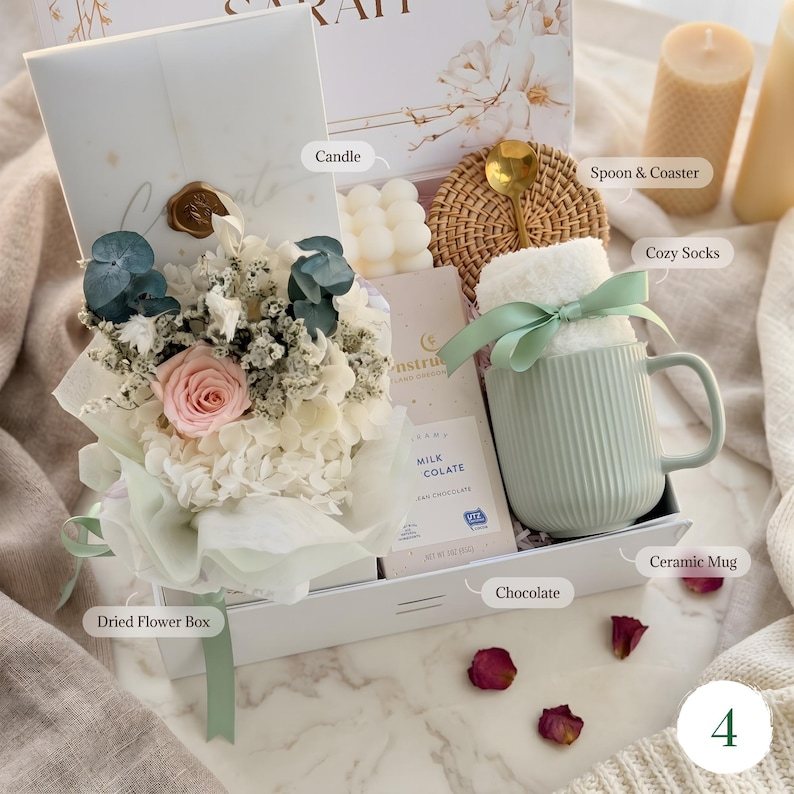 Cozy gift basket with dried flower bouquet, candle, ceramic mug, gourmet 
cookies and spices — thoughtful spa gift for her any occasion