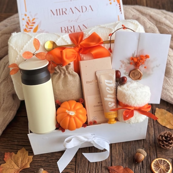 Thanksgiving Gift Box, Harvest Basket, Thanksgiving Hostess Gift, Fall Gift Set with Blanket Mug and Candle, Family Gift Basket