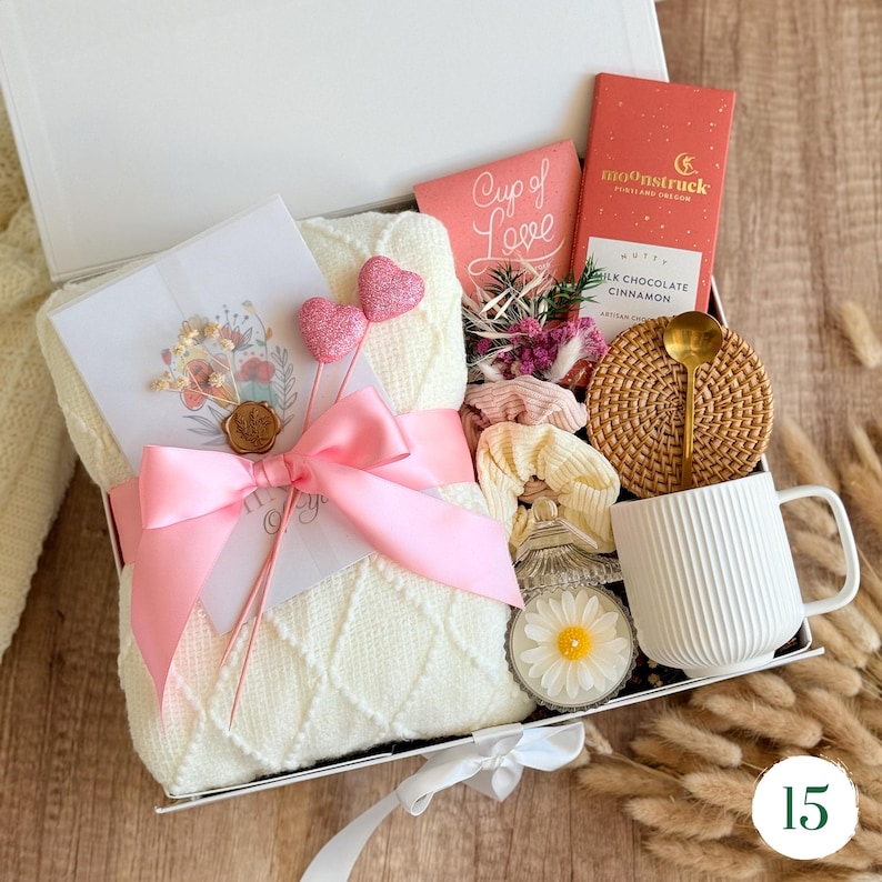 Cozy gift set for women with chocolate bar, dried flower bouquet, gold 
spoon, and ceramic mug — romantic gift box for girlfriend