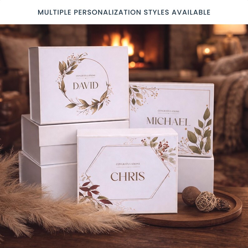 Multiple personalization styles for gift box for men with custom names like David, Michael or Chris