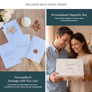 Peut inclure: Un coffret cadeau de mariage comprenant une bo&icirc;te magn&eacute;tique personnalis&eacute;e avec les noms "Sarah et David", des cartes avec des cachets de cire et une bougie florale blanche. L'ensemble comprend une carte "F&eacute;licitations".