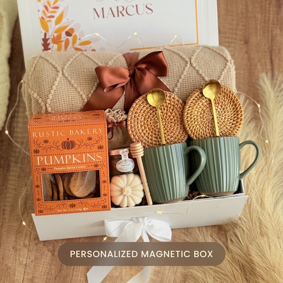 Cozy Autumn Gift Box: Knit Blanket, Mug, Succulent & Treats