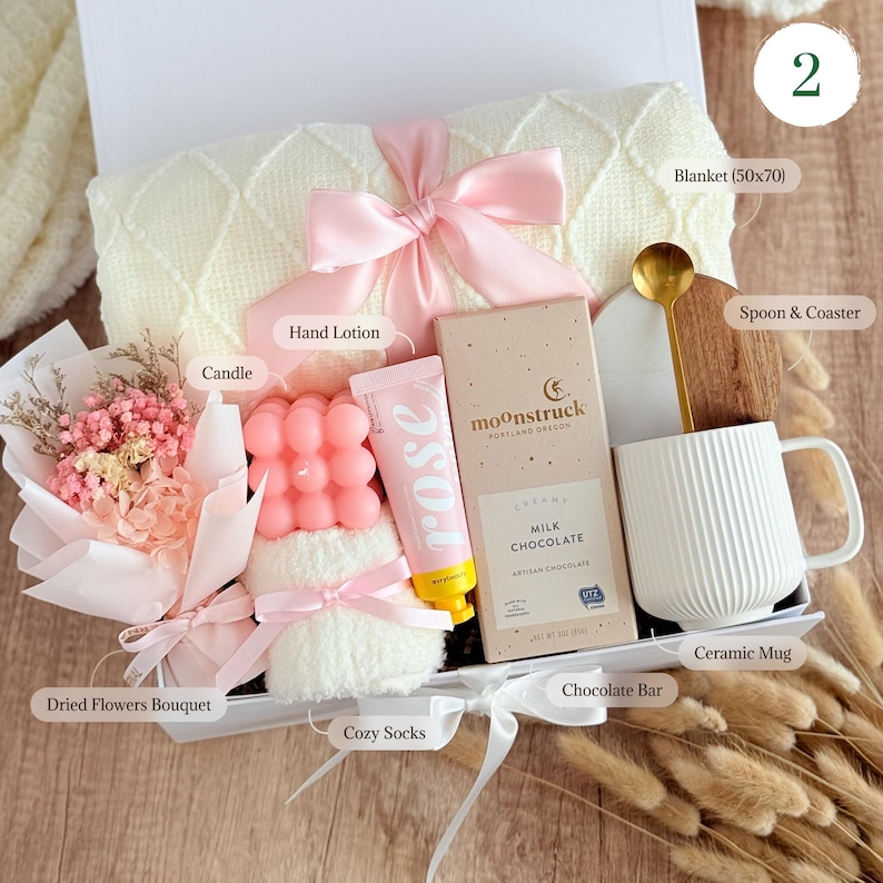 Sympathy care package for her with warm blanket, spa products and snacks, thoughtful comfort and encouragement gift
