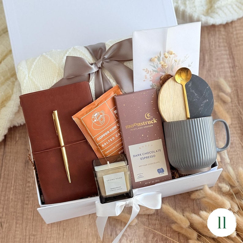 Premium leather journal gift set for men with ceramic mug, chocolate bar, gold pen and candle — retirement gift basket