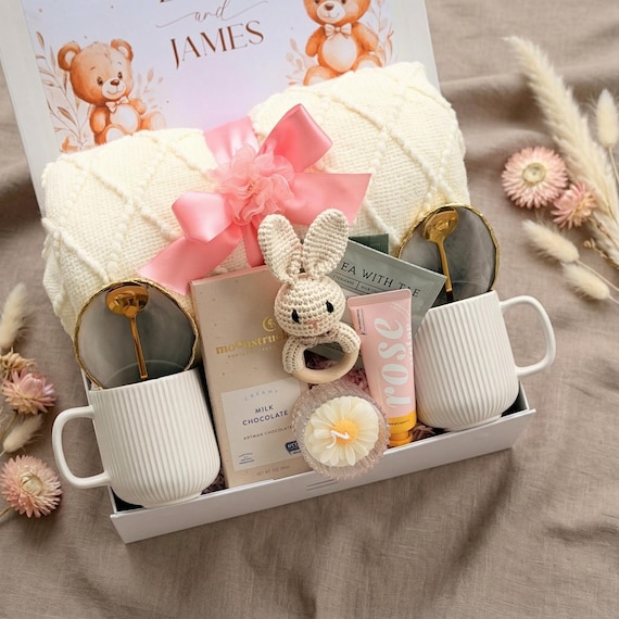 New Mom Gift Box: Knit Blanket, Crochet Rattle, Gourmet Chocolate