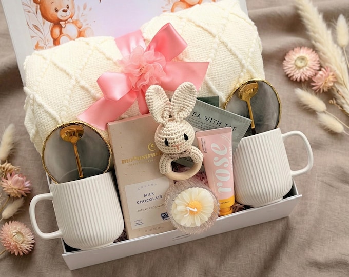 New Mom Gift Box: Knit Blanket, Crochet Rattle, Gourmet Chocolate