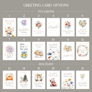 May include: A collection of eighteen greeting cards arranged in a grid, labeled by occasions and holidays. Each card features unique watercolor illustrations and text, including phrases like Thank You, Happy Birthday, Get Well Soon, and Happy Holidays.
